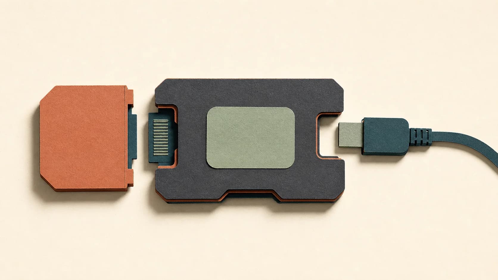 Papieradapter mit einer modularen Kassette auf der einen und einem abnehmbaren Kabel auf der anderen Seite.