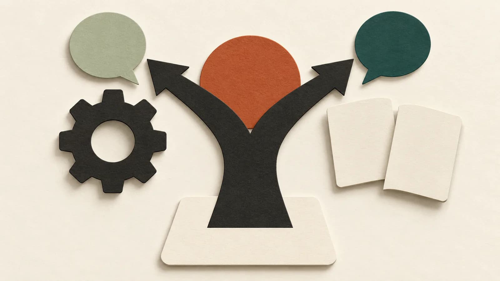 A branching arrow below two speech bubbles, with a gear on the left and blank pages on the right.