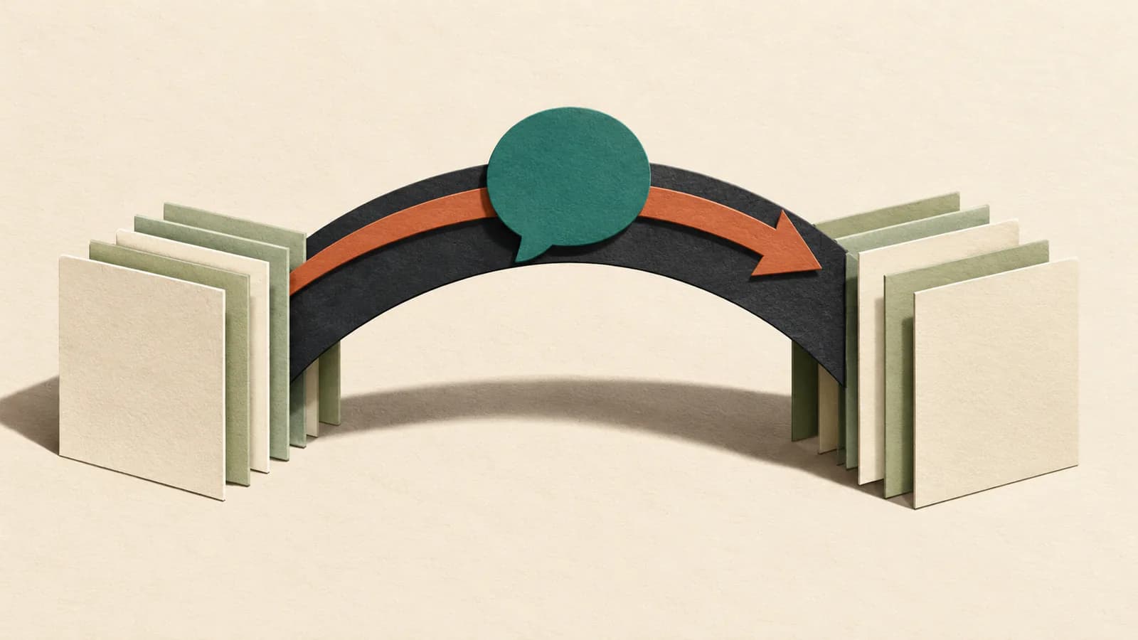 Un pont en arc relie deux piles de pages vierges, avec une flèche orange et une bulle de discussion bleu-vert.