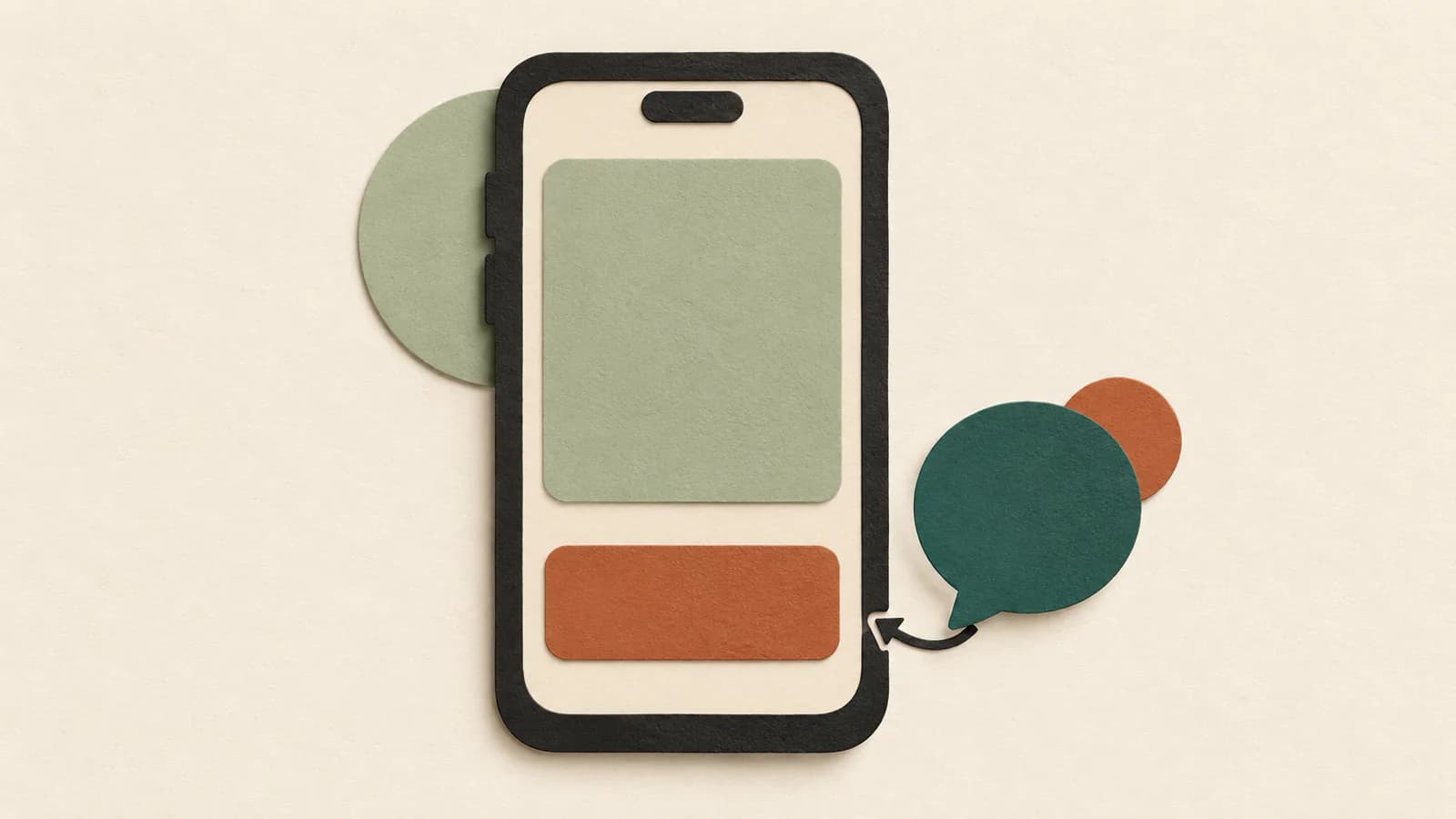 Paper-cut phone with an orange tile and a teal chat bubble outside its lower-right edge.