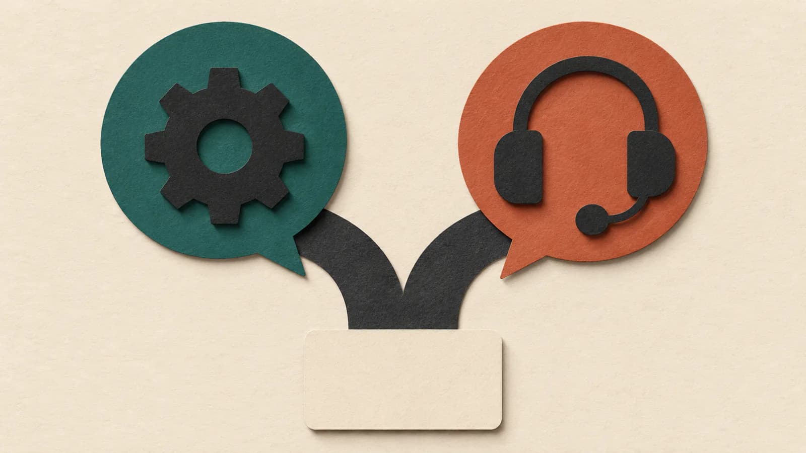 Two speech bubbles above a forked path: a gear in the teal bubble and a headset in the orange one.