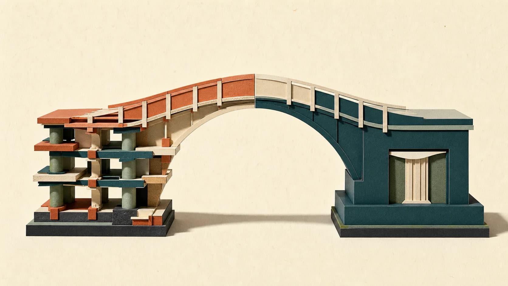 Papiermodell einer Brücke mit offen betriebenen Schichten auf der einen und einer gekapselten verwalteten Stütze auf der anderen Seite.